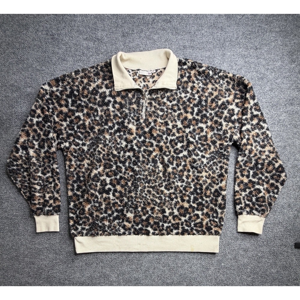 SO Sweater Womens L Brown Black Fleece Half Snap Pullover Leopard Sherpa